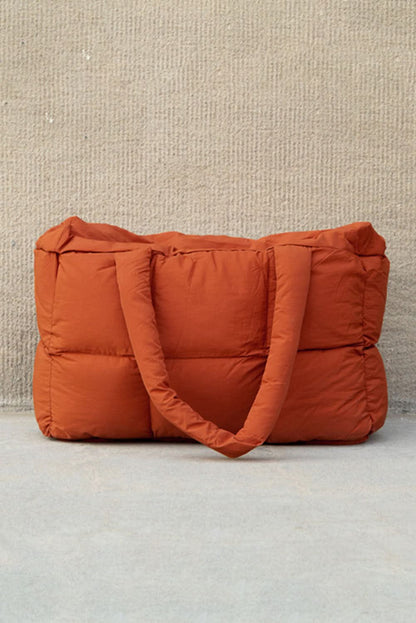 Cinnamon Solid Quilted Puffy Large Tote Bag With Zipper