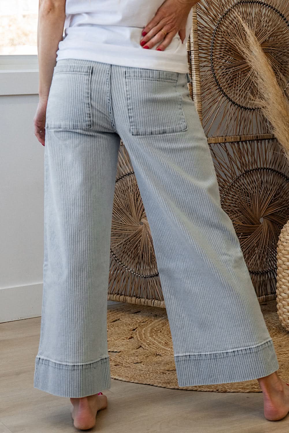 Sky Blue Striped Button Flap Pocket Wide Leg Denim Jeans