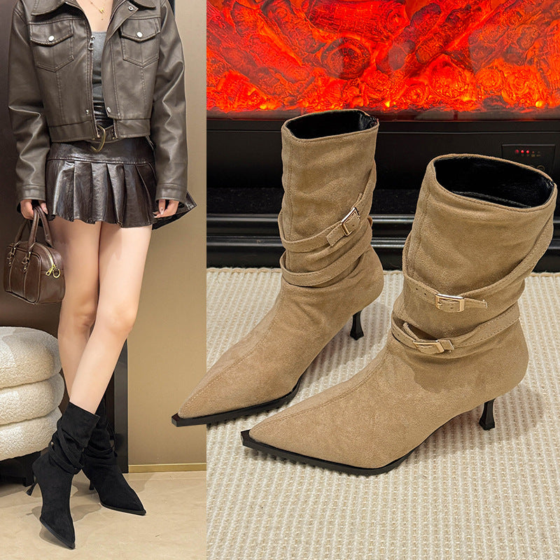 Pointed-Toe Suede Stiletto Ankle Boots Women