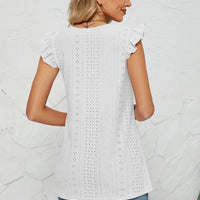 Smocked Round Neck Eyelet Top