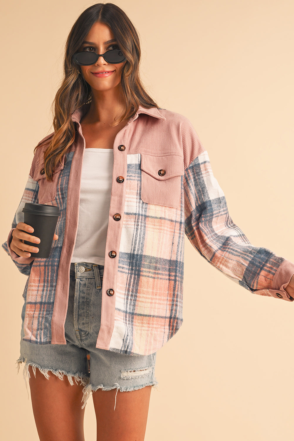 Cinnamon Plaid Corduroy Shacket with Patchwork Pockets for Effortless Style