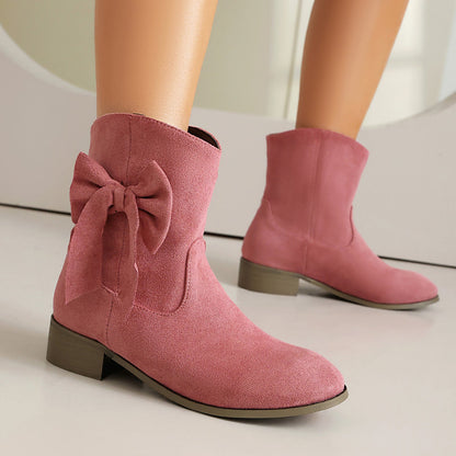 Women’s Low Heel Suede Bow Boots | Large Size Casual Winter Ankle Boots