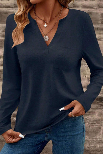 Dirty Blue Notch V Neck Pocket Patched Long Sleeve Women's T-Shirt