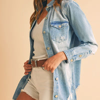 Beau Blue Light Wash Distressed Frayed Long Denim Jacket