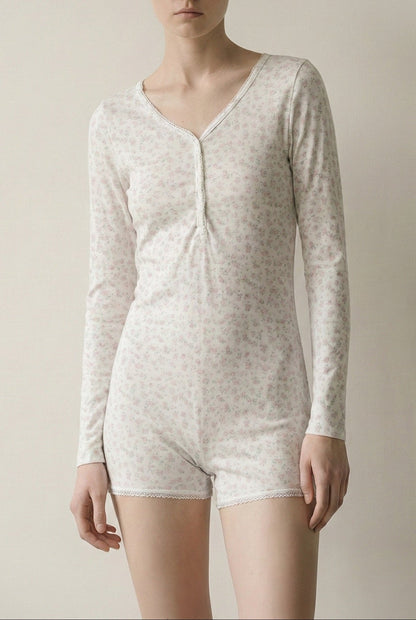 Floral Pajama Long Sleeves Bodysuit / Pink