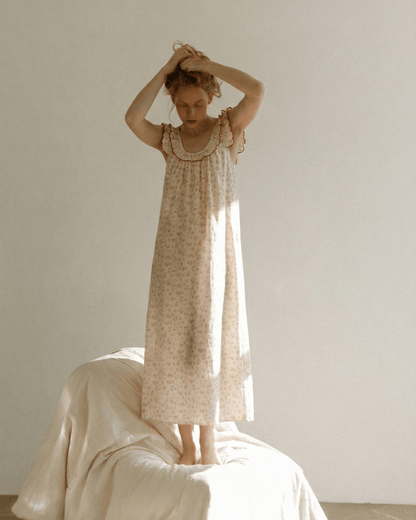 Floral Ruffle Lounge Pajamas Nightgown Dress / Beige