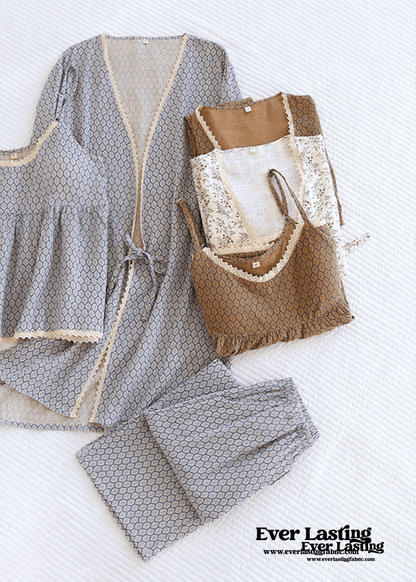 Floral V Tank and Long Pants with Cardigan Cotton Pajama Set / White