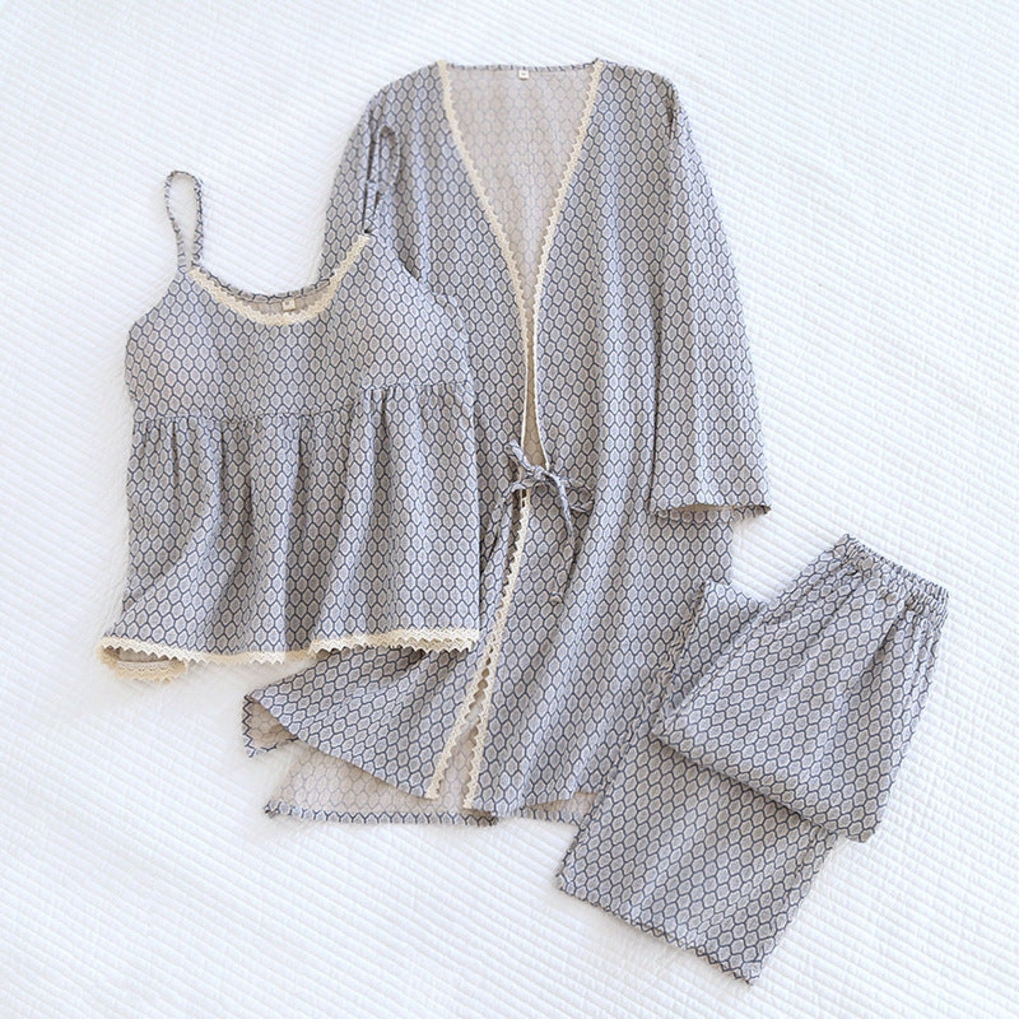 Floral V Tank and Long Pants with Cardigan Cotton Pajama Set / White