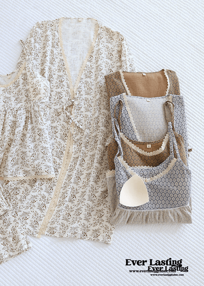 Floral V Tank and Long Pants with Cardigan Cotton Pajama Set / White