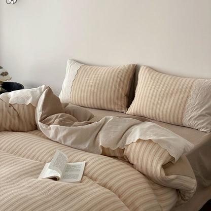 Florence Lace Double Gauze Striped Bedding Set / Beige Brown