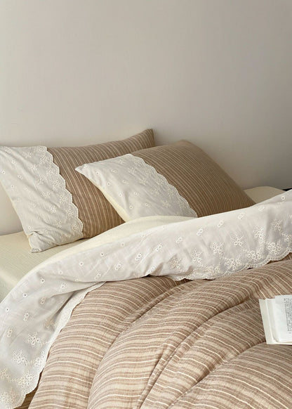 Florence Lace Double Gauze Striped Bedding Set / Beige Brown