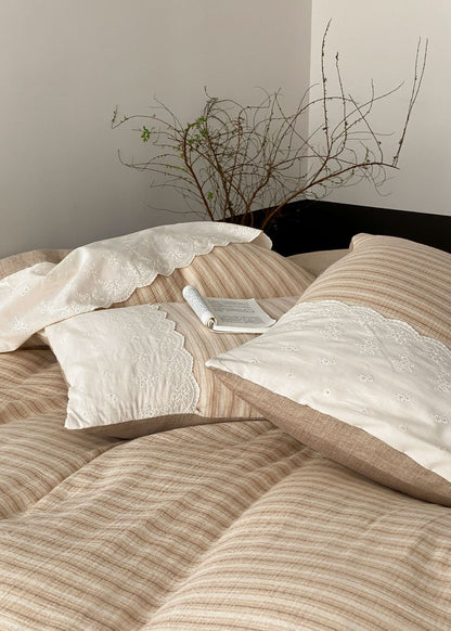 Florence Lace Double Gauze Striped Bedding Set / Beige Brown