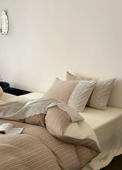Florence Lace Double Gauze Striped Bedding Set / Beige Brown