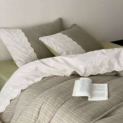 Florence Lace Double Gauze Striped Bedding Set / Beige Brown