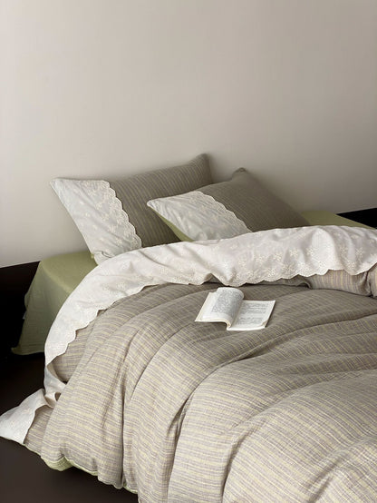 Florence Lace Double Gauze Striped Bedding Set / Brown