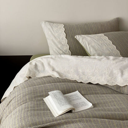 Florence Lace Double Gauze Striped Bedding Set / Brown