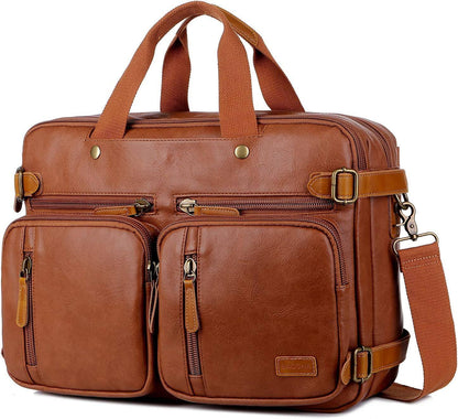 3-in-1 Leather Briefcase Backpack Hybrid – Convertible 17″ Laptop Bag (Red Lining)