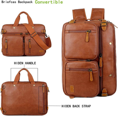 3-in-1 Leather Briefcase Backpack Hybrid – Convertible 17″ Laptop Bag (Red Lining)