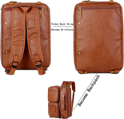 3-in-1 Leather Briefcase Backpack Hybrid – Convertible 17″ Laptop Bag (Red Lining)