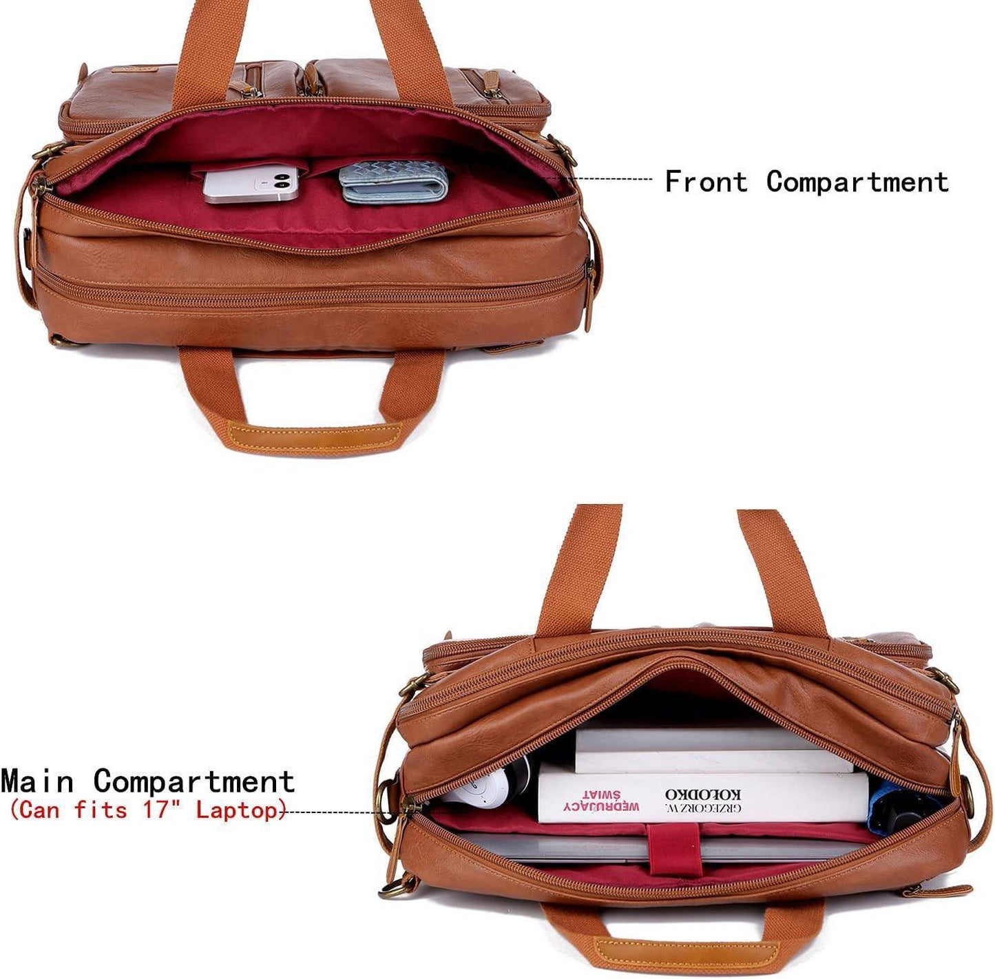 3-in-1 Leather Briefcase Backpack Hybrid – Convertible 17″ Laptop Bag (Red Lining)