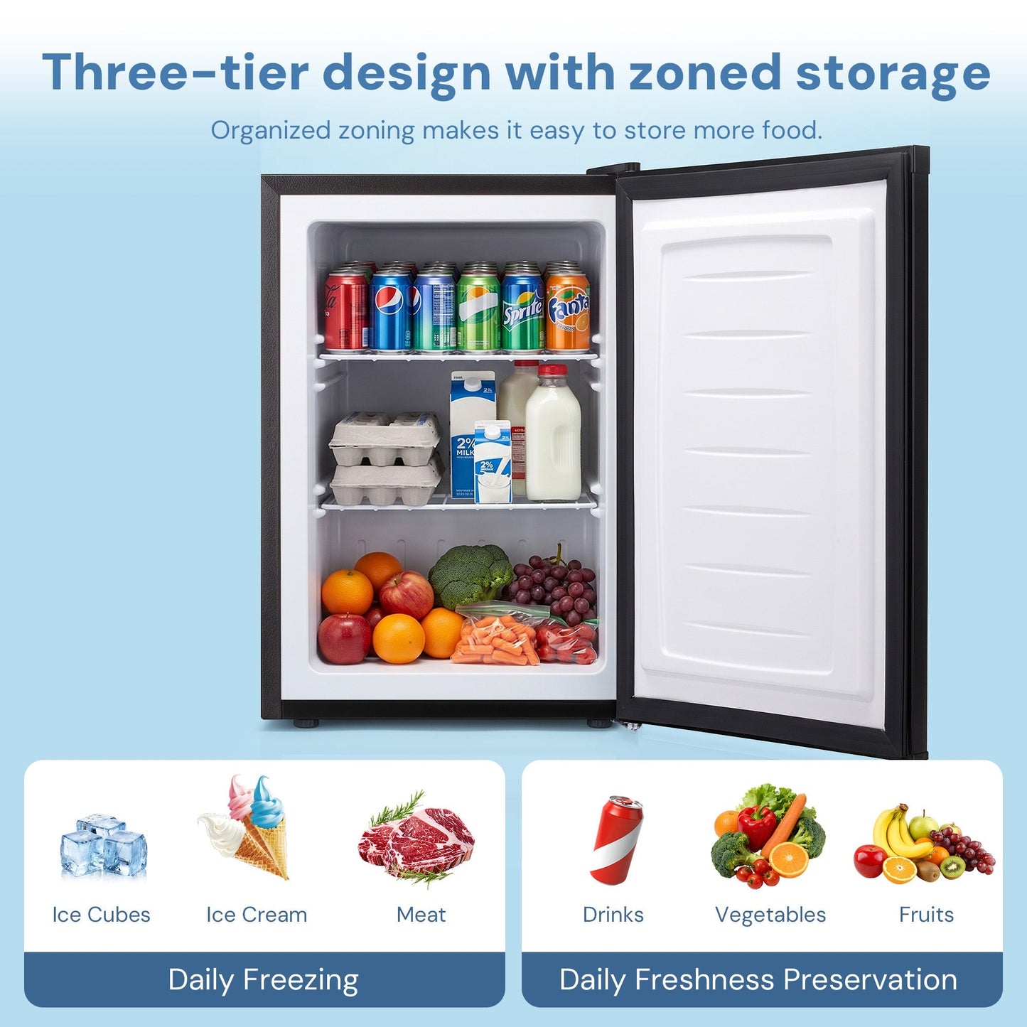Free Standing Upright Freezer with Removable Shelf, Adjustable Thermostat, Compact Reversible Single Door Vertical Freezers