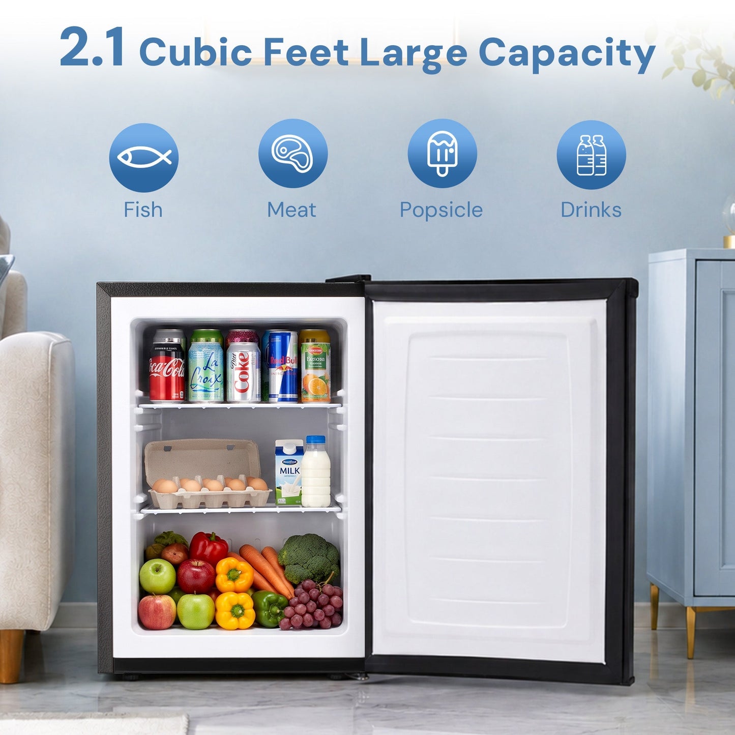 Free Standing Upright Freezer with Removable Shelf, Adjustable Thermostat, Compact Reversible Single Door Vertical Freezers