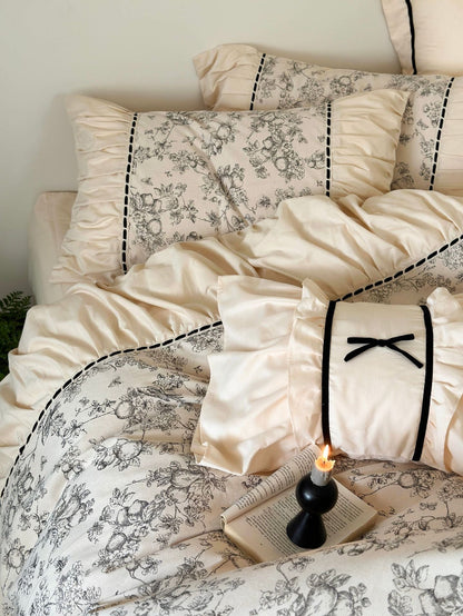 French Black Lace Bedding Set / Cream