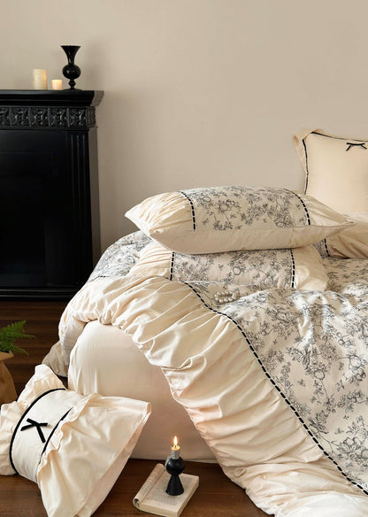 French Black Lace Bedding Set / Cream