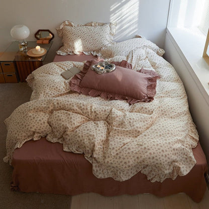French Floral Earth Tone Double Layer Ruffle Bedding Set / Beige + Blue