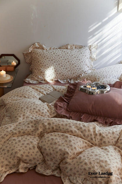 French Floral Earth Tone Double Layer Ruffle Bedding Set / Beige + Blue