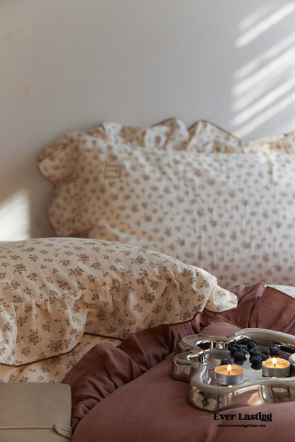 French Floral Earth Tone Double Layer Ruffle Bedding Set / Beige + Brown