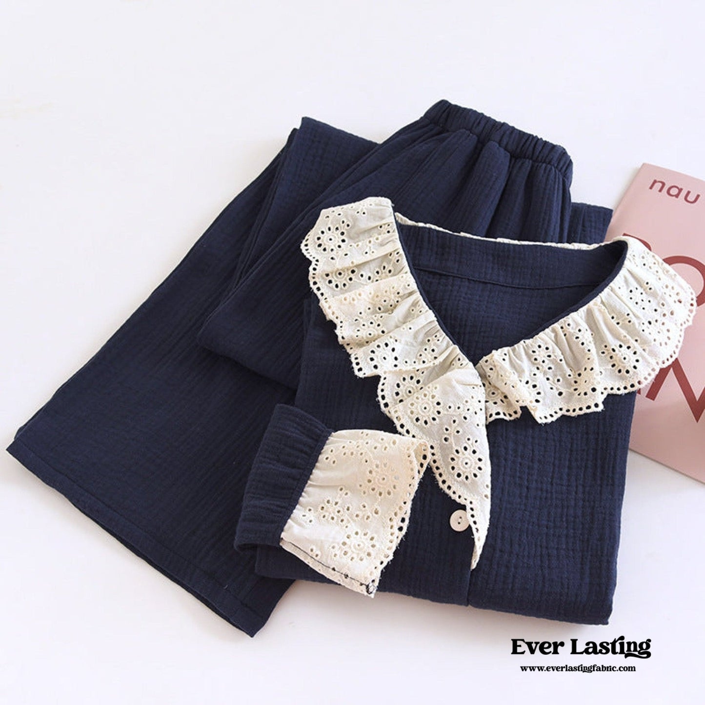 French Ruffled Long Sleeves and Pants Pajama Set / Navy