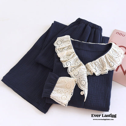 French Ruffled Long Sleeves and Pants Pajama Set / Navy