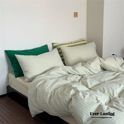 French Stripes Minimal Bedding Set / Green Yellow