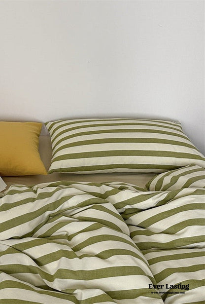 French Stripes Minimal Bedding Set / Green Yellow