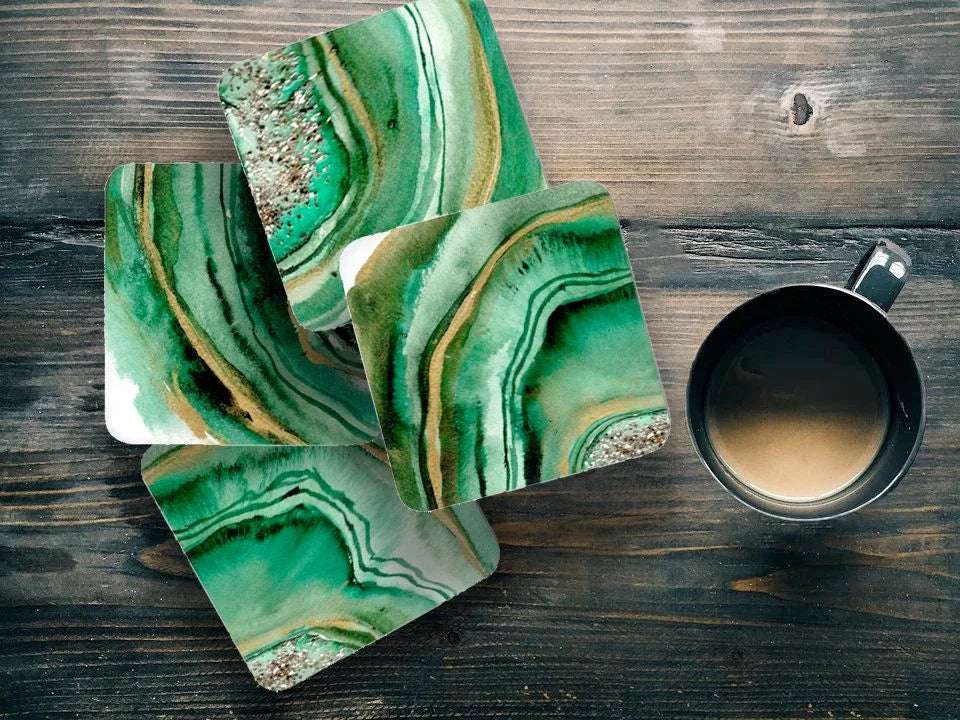 Green Agate Watercolor Coasters – Set of 4 Functional Art Pieces
