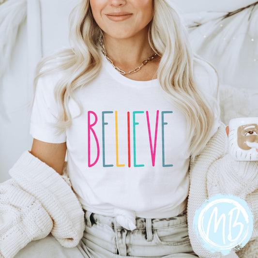 Believe Colorful Tee | Women | Christmas | Santa | Adult |