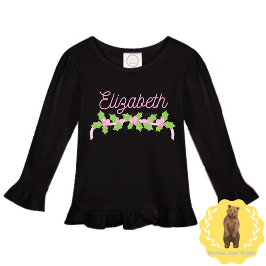 Holly Berry Ruffle Tee Shirt | Girls | Short Sleeve | Holiday | Long Sleeve |