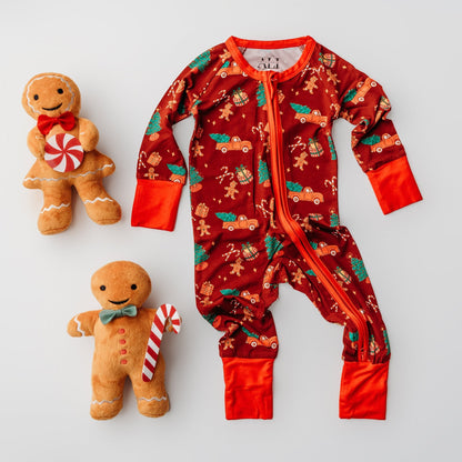 Infant Christmas Onesie – Soft Bamboo Pajamas with Red Truck & Tree Print (2025 Limited Edition)