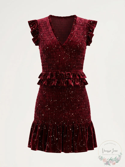 Aqua Velvet Smocked Mini Dress