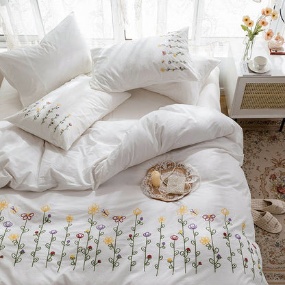 Isla White Floral Embroidered Bedding Set / Rainbow
