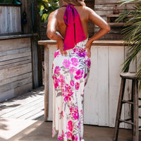 Ivory Satin Floral Print Halter Maxi Dress - FINAL SALE