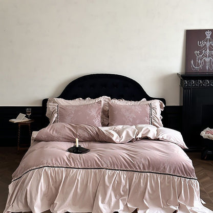 Jacquard Gilded Velvet Ruffled Bedding Set / Pink