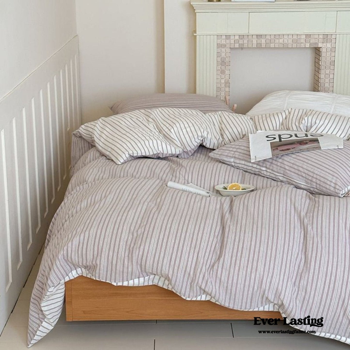 Josie Bow Tied Striped Bedding Set / Cream