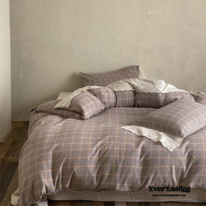 June Lace Double Gauze Gingham Bedding Set / Brown