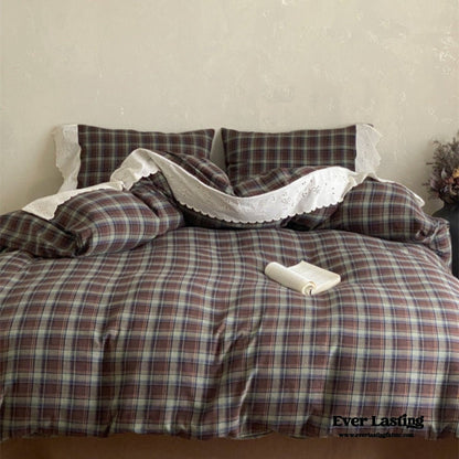 June Lace Double Gauze Gingham Bedding Set / Brown