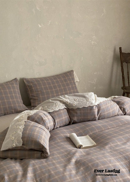 June Lace Double Gauze Gingham Bedding Set / Brown