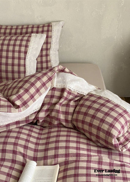 June Lace Double Gauze Gingham Bedding Set / Brown