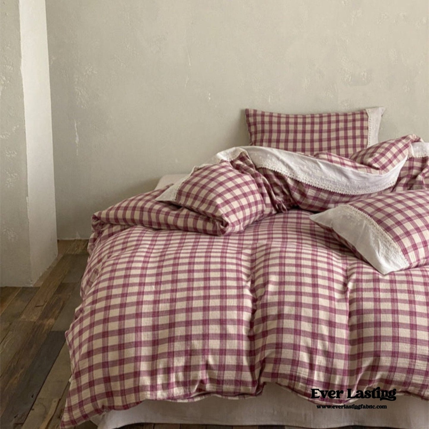June Lace Double Gauze Gingham Bedding Set / Brown
