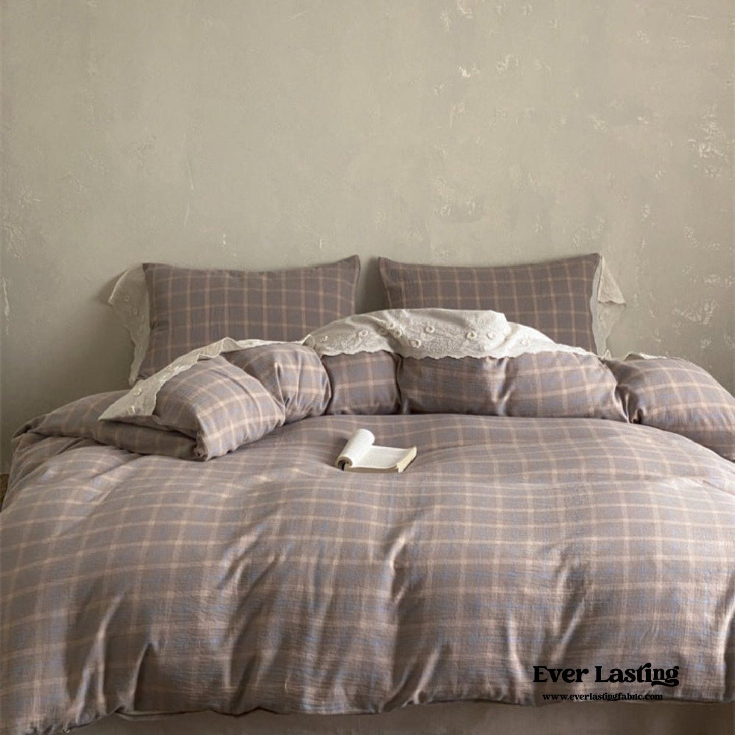June Lace Double Gauze Gingham Bedding Set / Brown